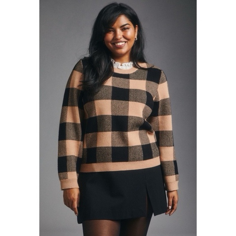 Anthropologie Plaid Ruffle Collar Pullover Sweater, Brown Pattern